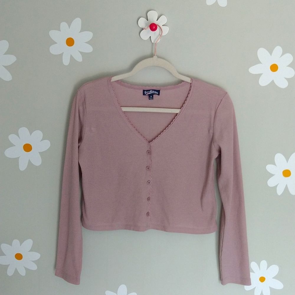 Freshman Lavender Lightweight Waffle-Knit Long-Sleeve Crop Top - Picture 1 of 8